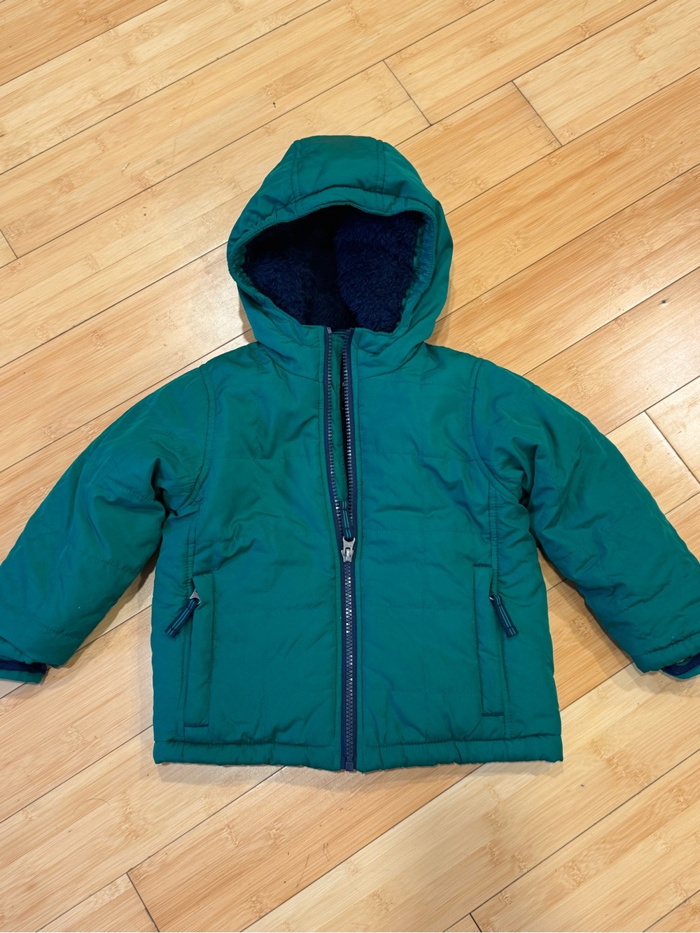 LIKE NEW! Lands” End Green/NavyPuffy Kids Zipper Jacket Fuzzy Lined Sz 3T